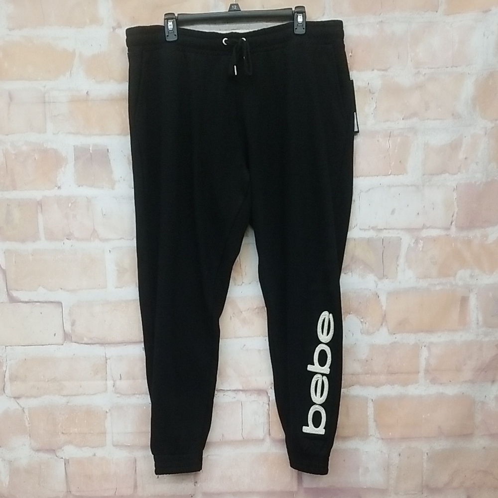 NWT Bebe Size 2X Black Joggers with White Logo